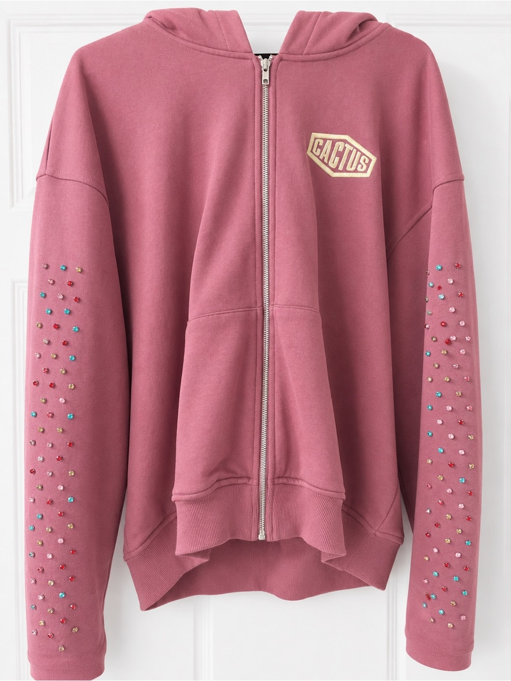 Patagonia Rose Pink Zip-Up Hoodie with Embellished Sleeves